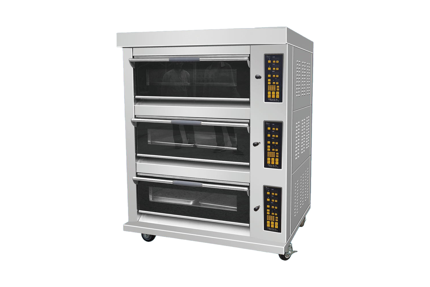 Electric oven with three tielers and six trays f
